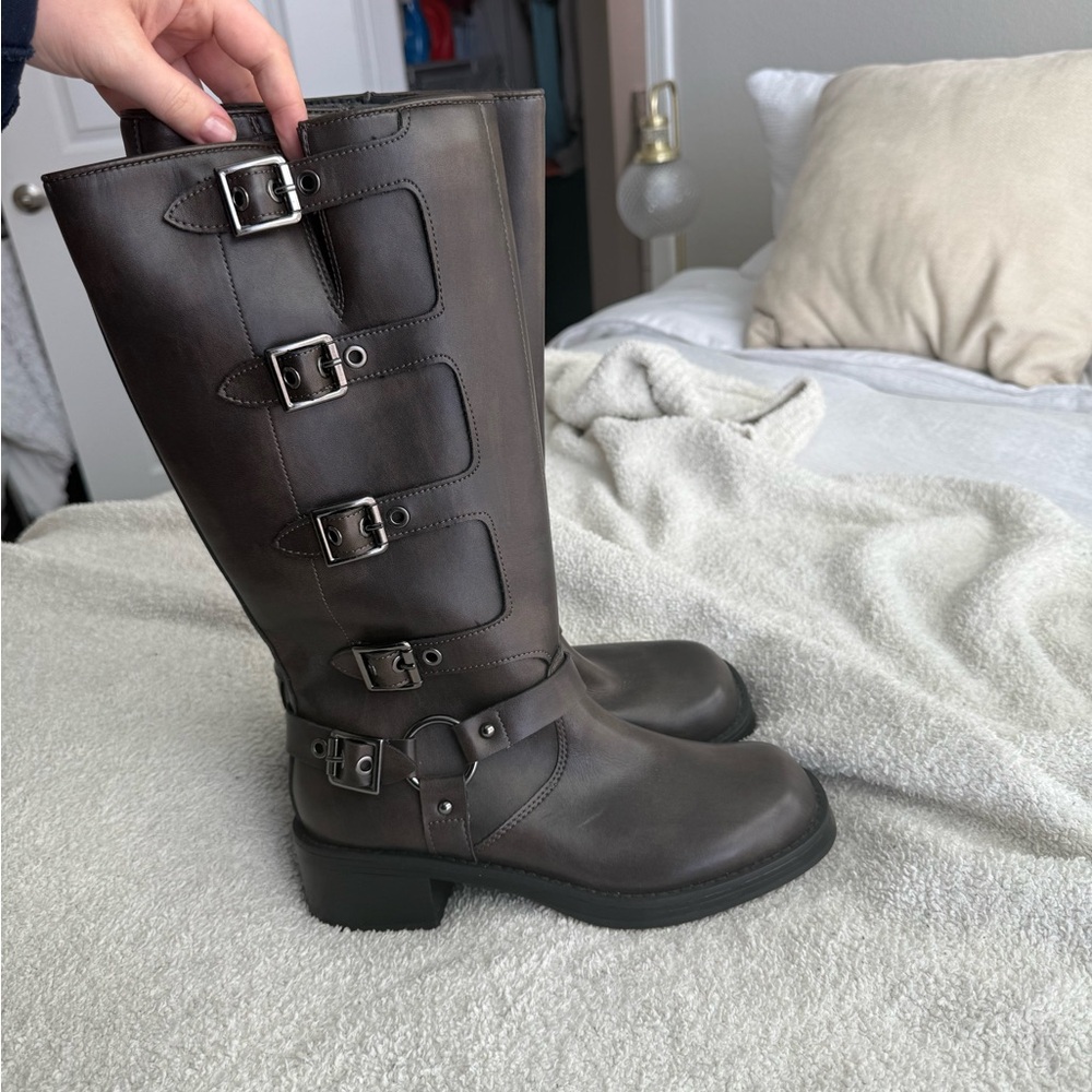 Women's Black-brown wash Knee-High Buckle Boots
